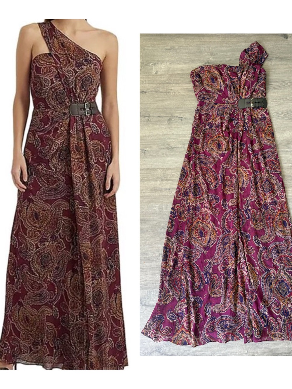 Ralph Lauren One-Shoulder Paisley Maxi Dress in Burgundy and Multicolor